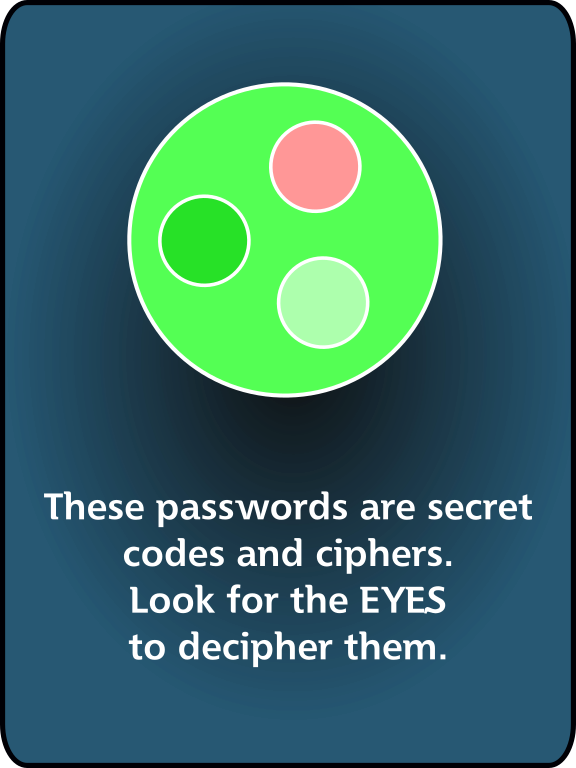 These passwords are secret codes and ciphers. Look for the EYES to decipher them.